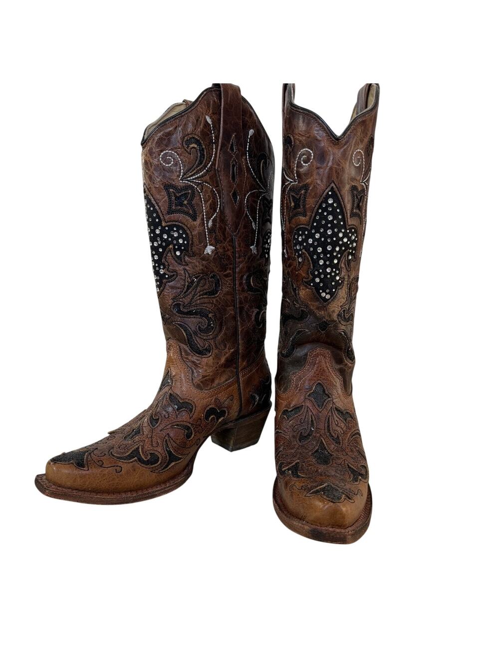 Corral Vintage Rhinestone Fleur de Lis Western Boots Brown Leather Size 6.5